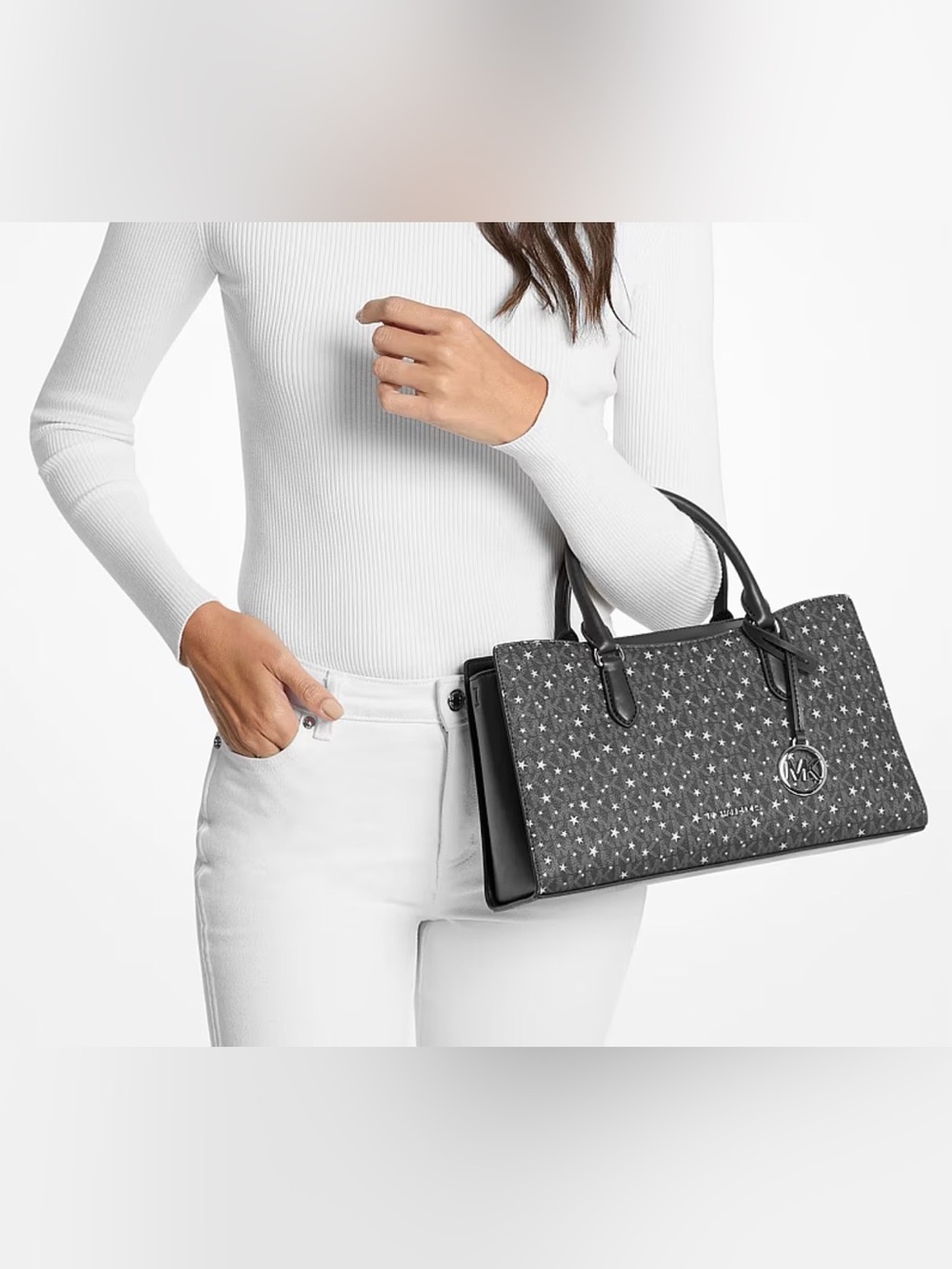 Michael Kors Black Star-Print Arden Leather Satchel with matching wallet - Picture 4 of 13